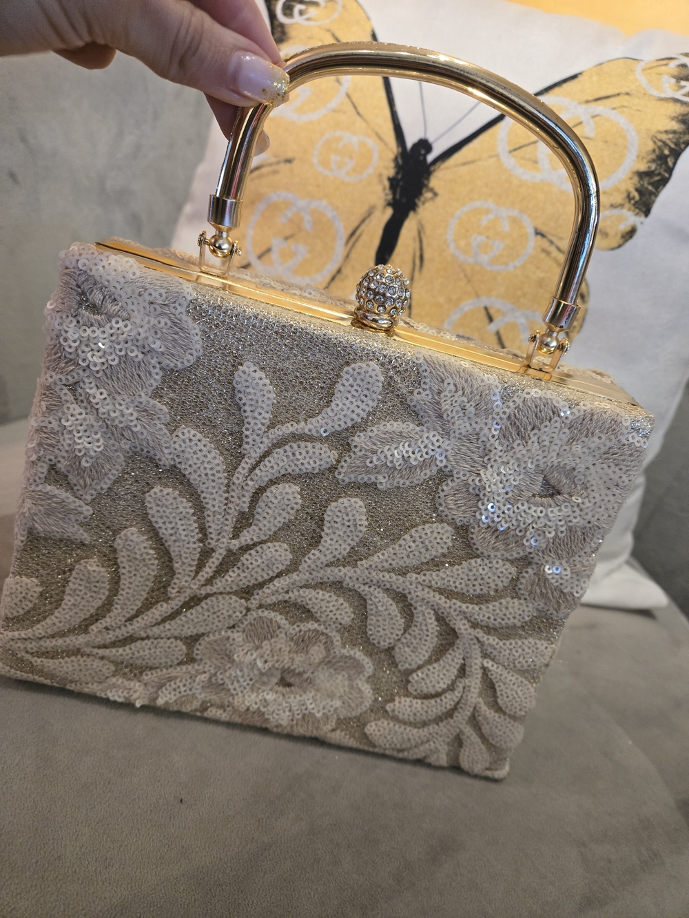 Sequined Floral Box Clutch with Gold Frame - Cream & Gold